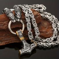 Nordic Viking Hammer Pendant with Wolf Head Necklace for Men - Stainless Steel, Norwegian Retro Style. gray