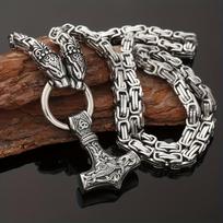 Nordic Viking Hammer Pendant with Wolf Head Necklace for Men - Stainless Steel, Norwegian Retro Style. gray