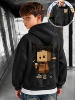 Teen Boys Cool Carton Box Man Graphic Hoodie Printed White Sweatshirt Streetwear Casual Loose Hooded Pullover Tops 160 black