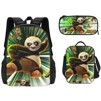 Kung Fu Panda Backpack Set Waterproof Cartoon Design For Kids School 3-piece Set Po Flying black