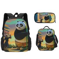 Kung Fu Panda Backpack Set Waterproof Cartoon Design For Kids School 3-piece Set Po Stand