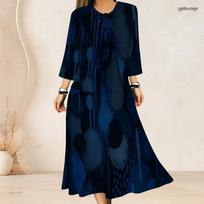 Women Plus Size Blue Beige Printed Two Piece Set Three Quarter Sleeve Cardigan Sleeveless Long Dress XL beige