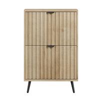 Mid-Century Natural Wood-look Shoe Cabinet 60cm Wide,Grooved Surface 2 Tilt-out Compartments Freestanding Storage for Entryway Foyer