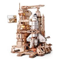 ROBOTIME 3D Puzzle Wooden Airplane Space Shuttle Model 1:420 Scale with LED Lights, Mechanical Movable Model, DIY Craft Kit for Teens & beige