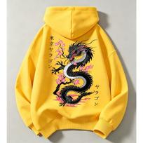 Vintage Japanese Streetwear Kids Hoodie Black Dragon Sakura Cherry Blossom Print Loose Oversized Pullover For Boys Girls 140 orange