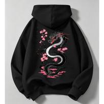Vintage Japanese Streetwear Kids Hoodie Black Dragon Sakura Cherry Blossom Print Loose Oversized Pullover For Boys Girls 110 black