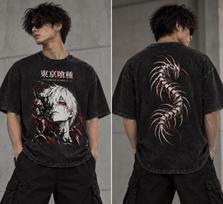 Ken Kaneki Shirt, Tokyo Ghoul Anime Tee, Mineral Washed Oversized Streetwear T-Shirt M gray