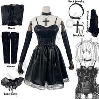 Death Note Cosplay Costume Misa Amane Imitation Leather Sexy Dress +Neck jewelry+stockings+necklace Uniform Outfit Halloween Wig M
