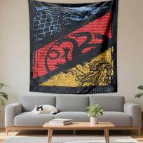 Three house sigils split diagonally: wolf, dragon, lion with mottos. Patterned tapestry for bedroom and living room home decor 75x90cm(29x35in)