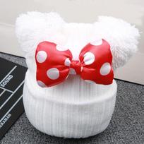 Cartoon Big Bowknot Baby Hat with Two Pompom Kids Cap Winter Autumn Knitted Warm Crochet Hats balta