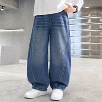 Boys Vintage Washed Curved Leg Denim Pants For Big Kids 130cm mėlyna