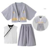 Boys' Long Sleeve Kimono Set: 3-Piece Spring/Autumn Yukata with Vest and Pants for Homewear or Festivals Size 90, 3-4 years white