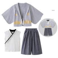 Boys' Long Sleeve Kimono Set: 3-Piece Spring/Autumn Yukata with Vest and Pants for Homewear or Festivals Size 120, 6-7 years gray