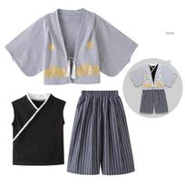 Boys' Long Sleeve Kimono Set: 3-Piece Spring/Autumn Yukata with Vest and Pants for Homewear or Festivals Size 120, 6-7 years gray