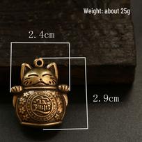 Brass Maneki-neko Wealth Keychain with Five Emperor Coins and Star Moon Bodhi Rope. black
