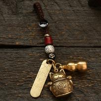 Brass Maneki-neko Wealth Keychain with Five Emperor Coins and Star Moon Bodhi Rope. black