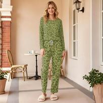 Women's Casual Printed Pajama Set Loose Fit Neck Sleepwear 2 Piece S šviesiai žalios spalvos