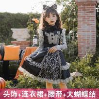Girls Gothic Witch Lolita Maid Halloween Costume Dress, Polyester, Lace, Long Sleeve 150cm black