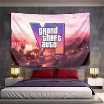 Grand Theft Auto VI Logo Pink Sunset Highway Tapestry Wall Hanging Video Game Art for Gamer Dorm Bedroom 130x150cm(51x59in)
