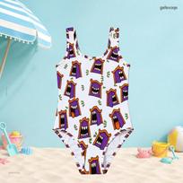 Girls Sleeveless Scoop Neck Wide Straps One Piece Swimsuit White Cartoon Printed 160 white