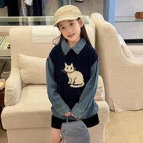 Girls Korean Style Cartoon Cat Jacquard Knit Crew Neck Sleeveless Vest 170cm tamsiai mėlyna spalva