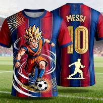 Dragon Ball Goku X Messi #10 Soccer Jersey T-Shirt, Barca Striped Anime Football Tee, Quick Dry Top For Men Women Children xxs red