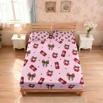 3pcs Coca Cola Can Pink Bow Printed Chipless Bed Sheet Set Multi Size Bed Cover Bedroom Bedding Decoration Machine Washable 90x191cm beige