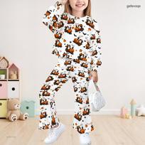 Girls White Round Neck Halloween Printed Long Sleeve Top And Flare Pants Set 180 white