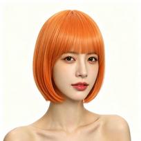 Cosplay Vibrant Bob Wig Fluffy Short Straight Bob Hair Halloween Colored Bangs Wig  Parties oranžinė