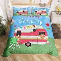 Happy Camping Duvet Cover Camper Bedding Set Plants Outdoor Travel Adventure Comforter Cover Camper Car Blue Sky Quilt Cover EU Single(135x200cm)