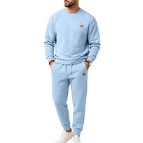 Men's Textured Crew Neck Sweatshirt and Jogger Pants 2 Piece Outfit Set Drawstring Waist Casual Tracksuit with Small Leather Patch for Daily Wear S