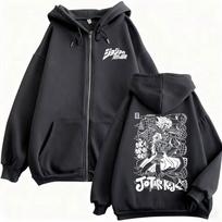 Anime JoJo Bizarre Adventure Graphic Zipper Hoodie Jotaro Kujo Print Zip Up Jacket Men Women Casual Oversized Zip Up Sweatshirt M black