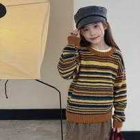 Kids Girls Color Block Striped Korean Style Lazy Knit Pullover Sweater 120cm gray
