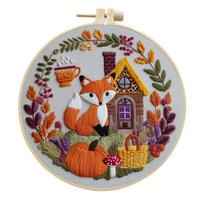 Fox Embroidery Kit - DIY Beginner Cross-Stitch Fabric Crafts Material Package + 20cm Bamboo Hoop*1