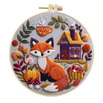 Fox Embroidery Kit - DIY Beginner Cross-Stitch Fabric Crafts Material Package + 20cm Bamboo Hoop*1