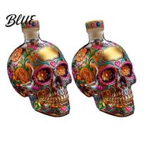 Gothic Bar Cart Bottle with Decanter Painted Hand Accessory Skull Glass Liquor Floral Stained Design 3D Carved Wine Dispenser 2pcs
