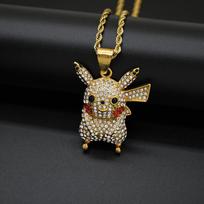 Trendy Hip-hop Cartoon Anime Pikachu Pendant Zircon Necklace Pendant 50cm(Necklace Size) gray