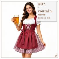 Bavarian Dirndl Maid Costume Dress with Apron, Polyester, Blue or Wine-Red S vyno raudonos spalvos