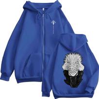 Japan Anime Jujutsu Kaisen Gojo Satoru Zipper Hoodies Men Women Gothic Manga Zip Up Sweatshirt Men Women Loose Fleece Warm Coats XL mėlyna