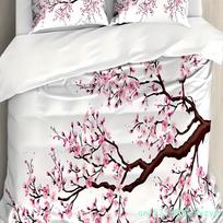 Japanese Mount Fuji Sakura Tree Flower 3D Printed Quilt Cover Sets Fashion Art Exquisite Home Textiles Duvet Cover Pillowcases EU single(135x200cm) white