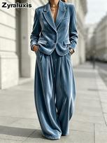 Women's Velvet Two Piece Suit with Wide Leg Pants and Button-Up Blazer for Evening Party Formal Wear L plieno mėlyna spalva