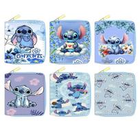 Stitch PU Leather Short Zip Wallet Cute Cartoon Coin Purse ID Card Holder for Women Students 6pcs