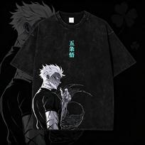 2026 New Summer Jujutsu Kaisen Anime Gojo Satoru Vintage Washed Oversized Tee Unisex Kanji Print Casual Streetwear T-shirt L black