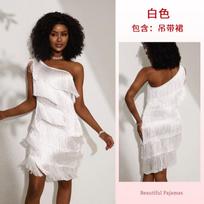 Slash shoulder multi-layer fringed sequined dress stage Latin dance performance dress banquet reception women's dress S