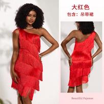 Slash shoulder multi-layer fringed sequined dress stage Latin dance performance dress banquet reception women's dress L