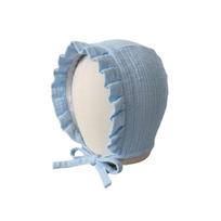 100% Cotton Muslin Baby Bonnet Ruffle Breathable Gauze Infant Beanie Cap Chin Strap Soft Baby Hat Girls Boys Summer Autumn mėlyna