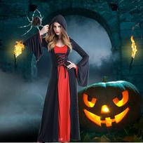 Halloween Costume Dress Women Vampire Demon Grim Reaper Witch Cosplay Outfit Party Stage Performance Red Dress Belt gray