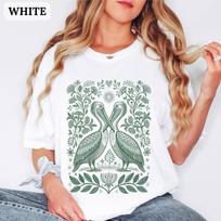 Pelican Shirt Comfort Colours T-shirt Monochrome Green Bird Lover Tshirt Antique Folk Art Avian Aviary Gift Lino Print Tee XL gray