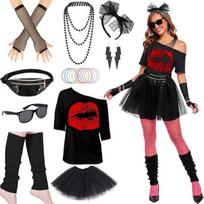 1980s Retro Disco Party Costume Drop Shoulder Tee Tutu Skirt Waist Pouch Jewelry Foot Covers Set L juoda