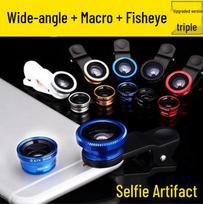 Three-in-One Mobile Lens Kit: 180° Fisheye, Wide-Angle, Macro for Selfie Blue Mobile Lens yellow